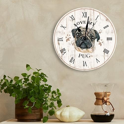 Miniatura 5 de Reloj de pared con diseño de carlino de acuarela, decoración para mamá, regalo para amantes de los perros, de 12 pulgadas, funciona con pilas,
