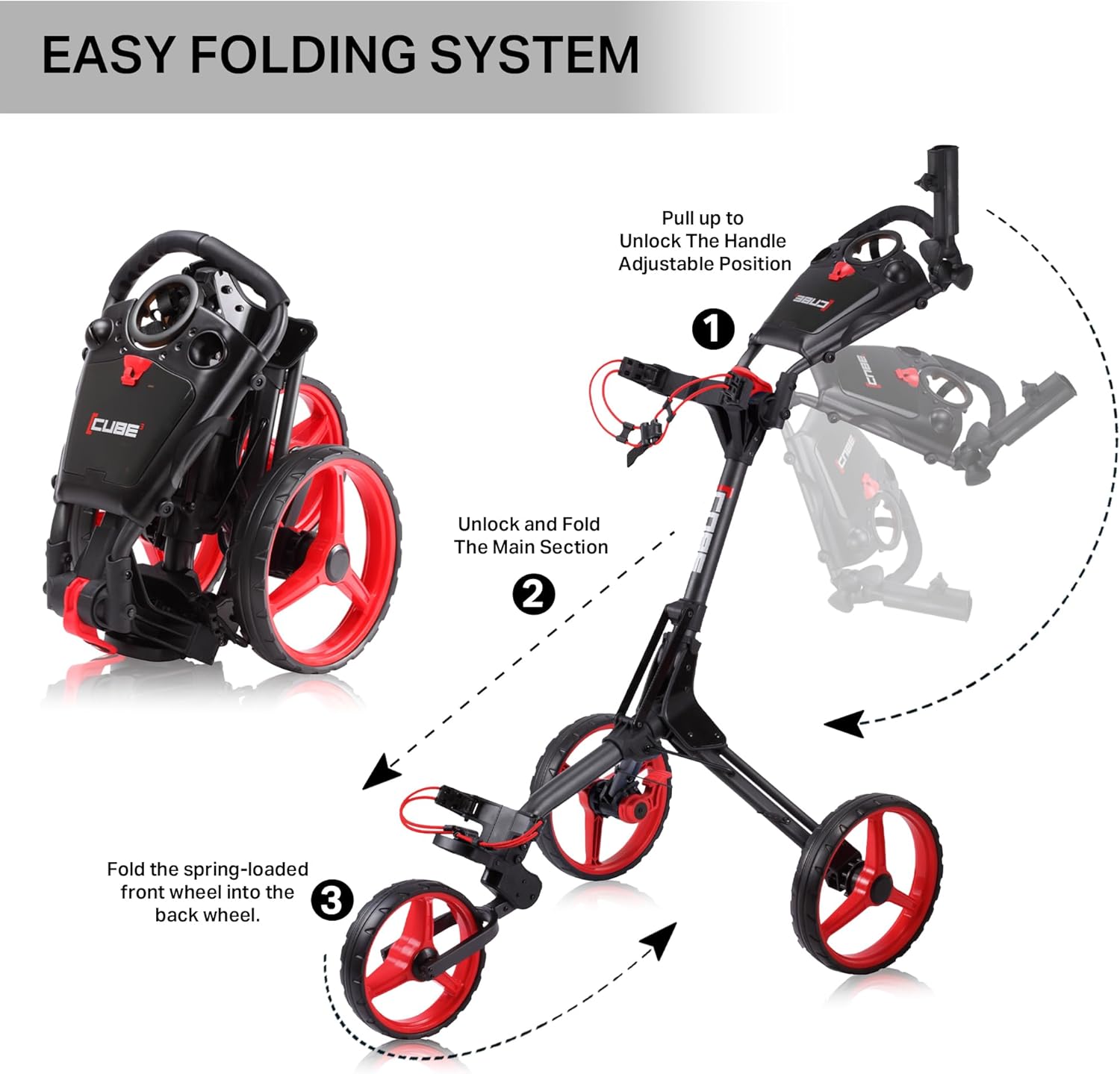 CUBE CART 3-Wheel Golf Push Cart – Ultra-Compact 14.5 lb Folding Golf Trolley, Two-Step Fold, Adjustable Handle, Foot Brake, Umbrella Holder & Built-in Storage