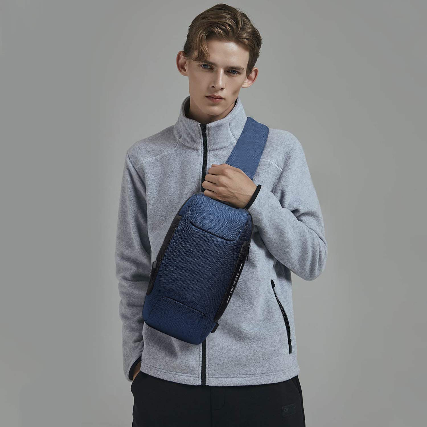 FANDARE Anti-theft Sling Bag New Men Crossbody Bag fit 10.5 inch tablet Women Chest Pack with USB Charging Port Shoulder Bag for Cycling Camping Riding Hiking Daypacks Waterproof Polyester Blue A