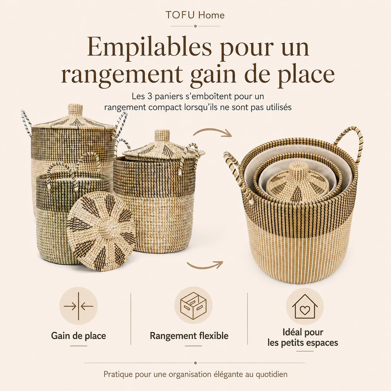 Panier de Rangement Herbe de Mer Artisanal Vietnam Set de 3 avec Doublure Amovible 75.99L/42.99L/25.65L