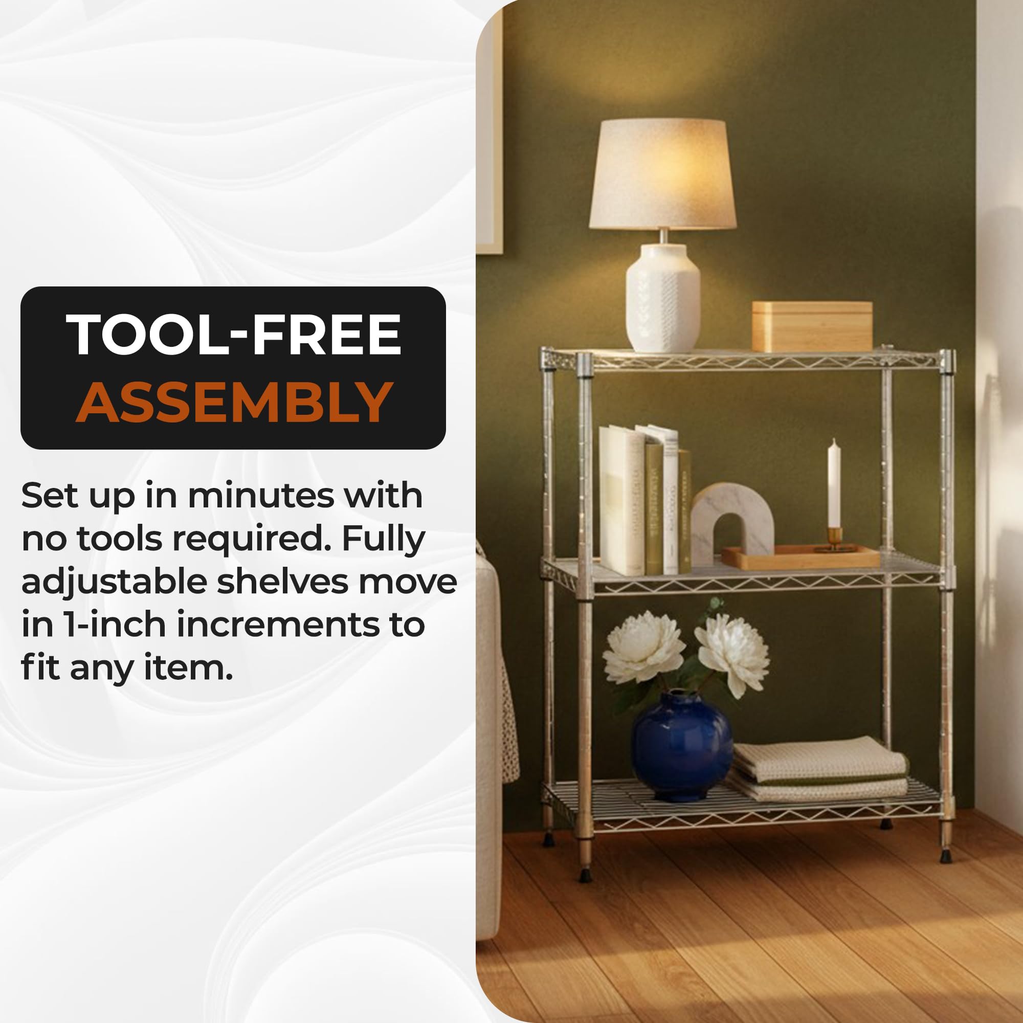 3-Tier Metal Wire Shelf, 250 lb/Shelf, Chrome, 13.5x23.3x30.1 in — Amazon image 8