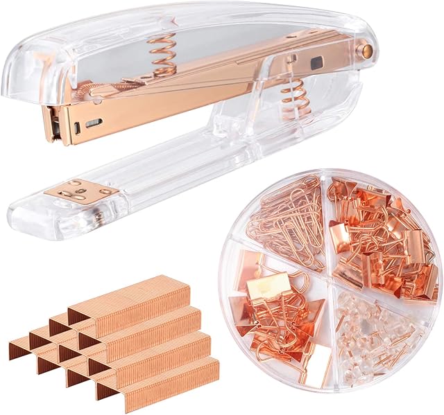 Office Stapler for Desk, Rose Gold Stapler Set Transparent, Small Stapler with 1000pcs Staples & Binder Clip Set