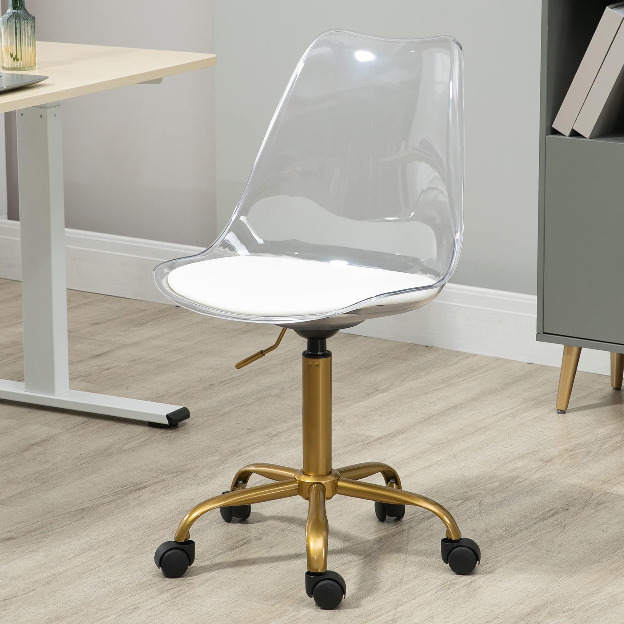 Acrylic Clear Desk Chair, Modern Small Cute Armless Vanity Rolling Plastic Chair Home Office Lucite Ghost Chairs Cushion Padded with Golden Legs, Clear