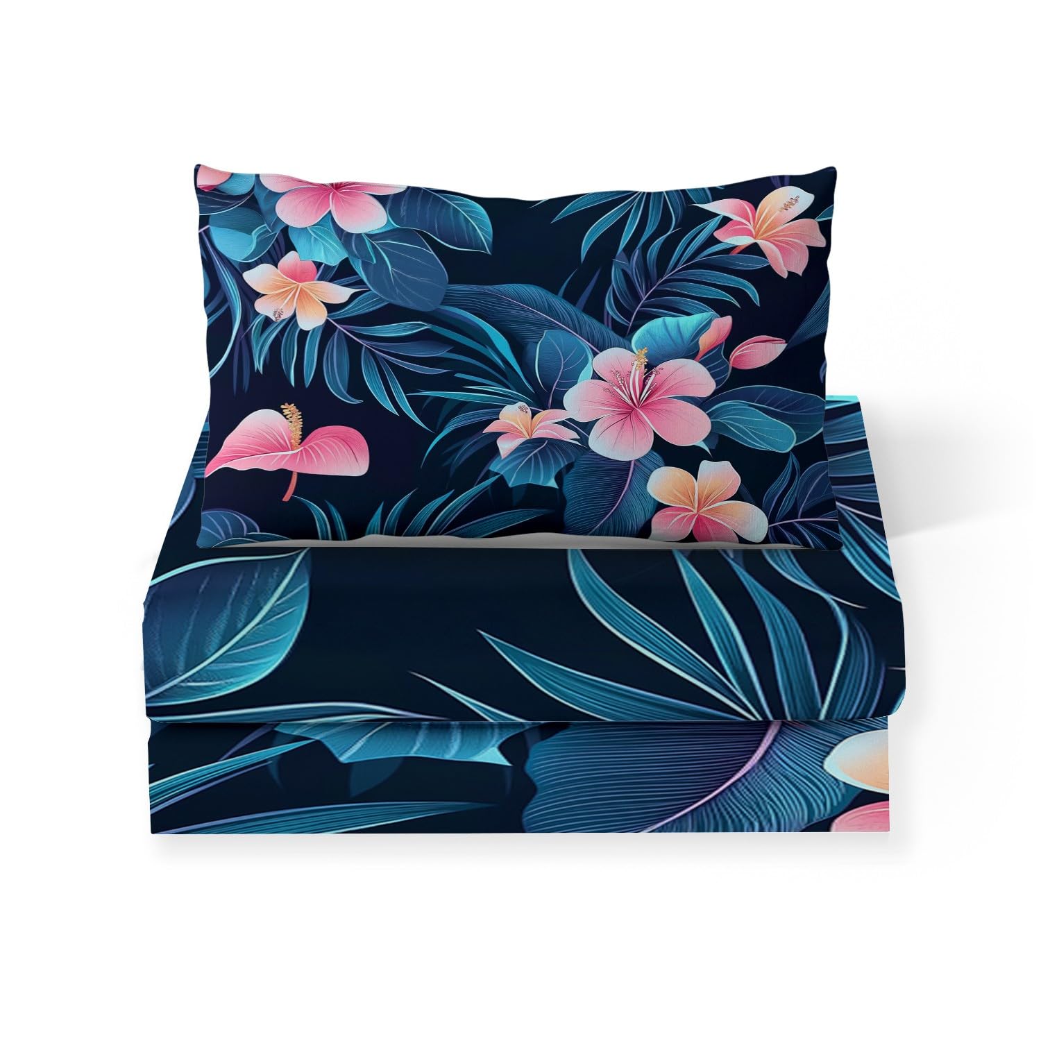 Drap Housse 180 x 200 cm avec Bonnet 30 cm, Feuilles Fleurs Plantes Tropicales Luxueuses Drap Housse Enfant, Drap Housse Matelas Epais Bleu Foncé, Microfibre Brossée avec Une Rebord Élastique