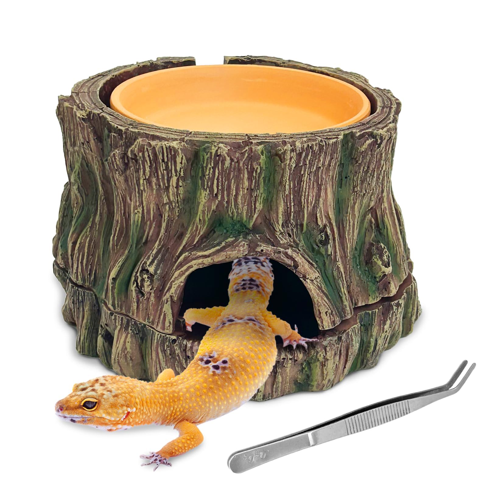 PINVNBY 3 in 1 Reptile Hide Cave with Removable Sump and Humidity Water Dish,Reptiles Hideout Water Tank Accessories for Small Reptiles Gecko,Leopard Gecko,Lizard,Snake,Crabs