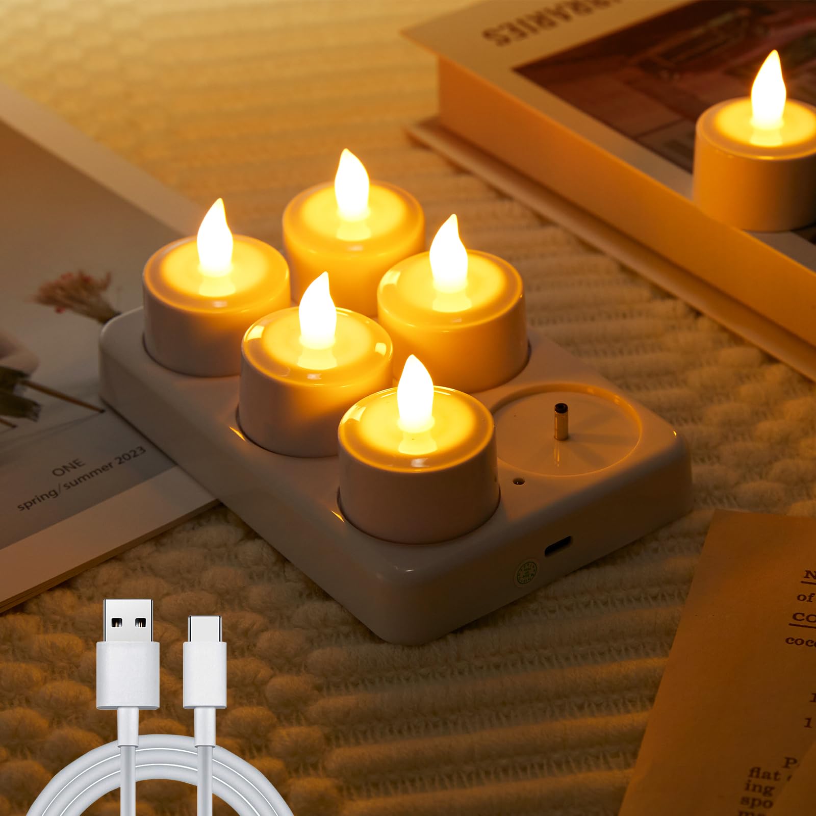 EXTSUD Led Tea Light 6pcs Rechargeable Tea Lights with Charging Base, Electric LED Tealights Flameless Candles Battery Tea Lights Flickering for Christmas Wedding Halloween Party Home Decorations