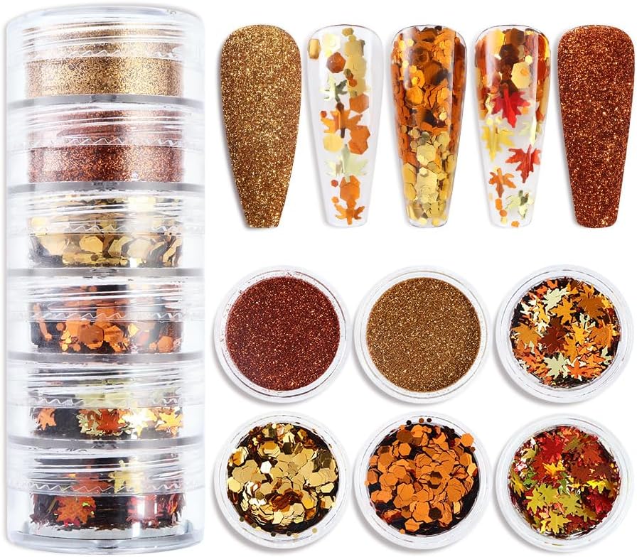 Golden Fall Nail Art Glitters Maple Leaf Nail Sequins, LPOODDNU Autumn Leaves Nail Decoration Accessories 3D Maple Leaves Nail Decals Professional Fall Nail Designs for Women Manicure DIY, 6 Jars