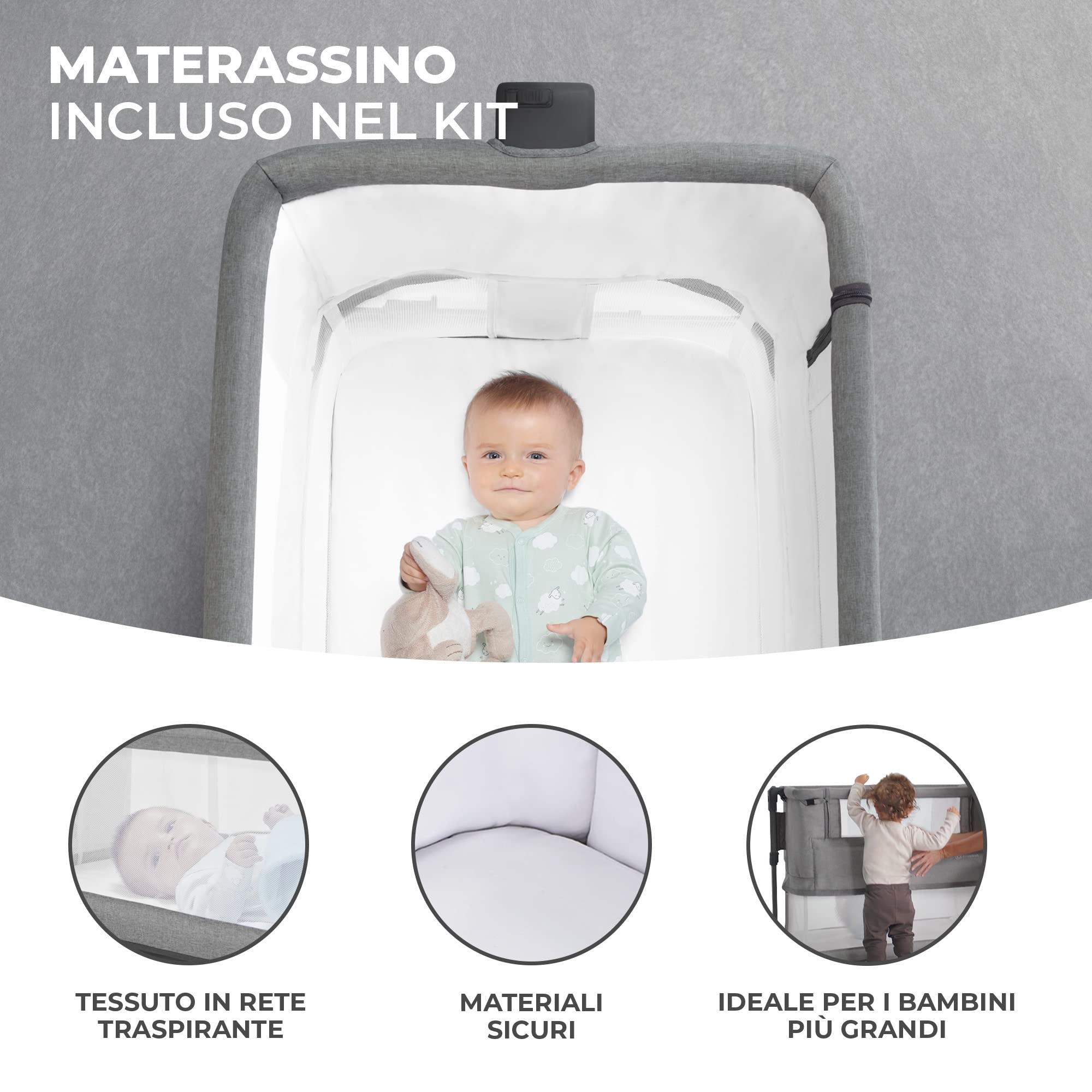 kk Kinderkraft NESTE GROW Lettino neonato 3 in 1, Culla co-sleeping, con Materasso Borsa transporto, Altezza regolabile su 5 livelli, dalla nascita fino 2 anni, Grigio