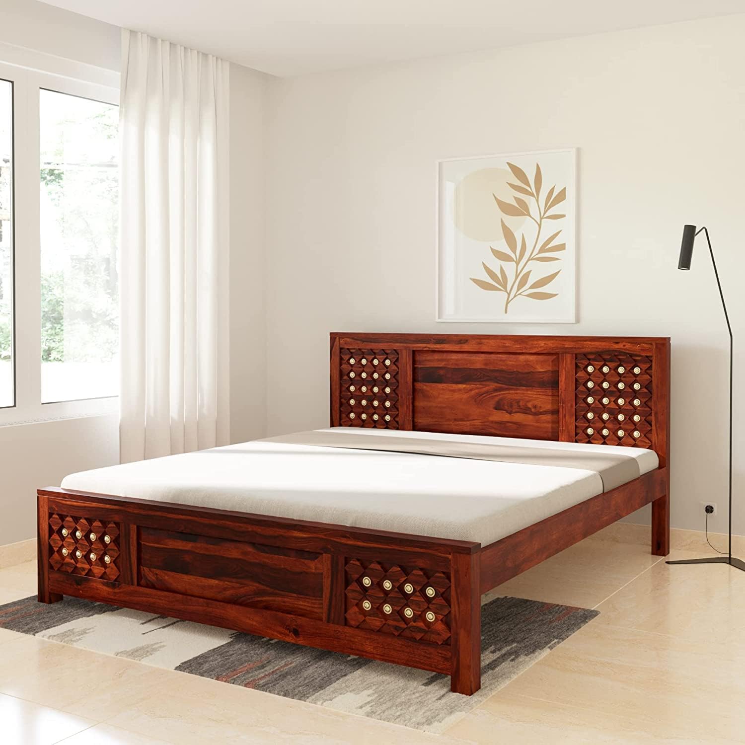 Wooden Modern Queen Size Bed Without Storage | Wooden Double Bed Cot Bed for Bedroom Furniture | Palang Double Bed for Hotels | Solid Sheesham Wood, Honey Finish