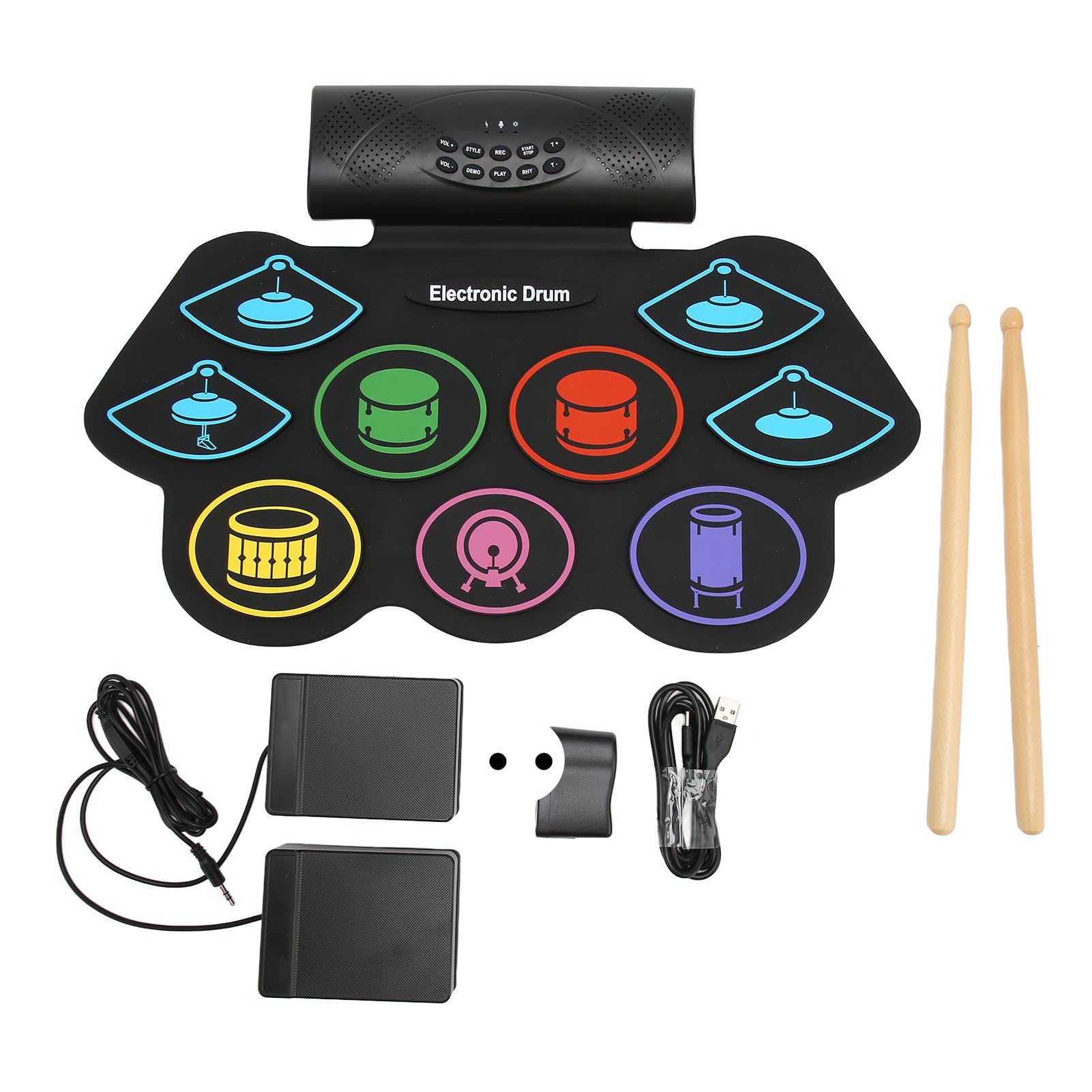 Batería Electrónica de 9 Pads, 9 Acompañamientos Función de Grabación de Pads de Práctica de Batería Vocal Externa de 100-240 V para Entrenamiento de Percusión (Enchufe de la UE)