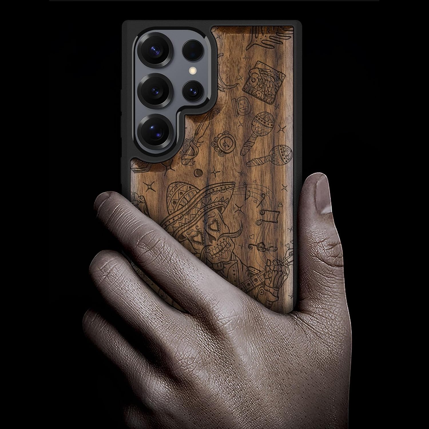 Carveit Magnetic Wooden Case for Samsung Galaxy S25 Ultra Case 2025, TPU Shockproof Cover & Wood Artisan Engraved, Compatible with MagSafe Wireless Chargers (Skeleton with Guitar) Walnut