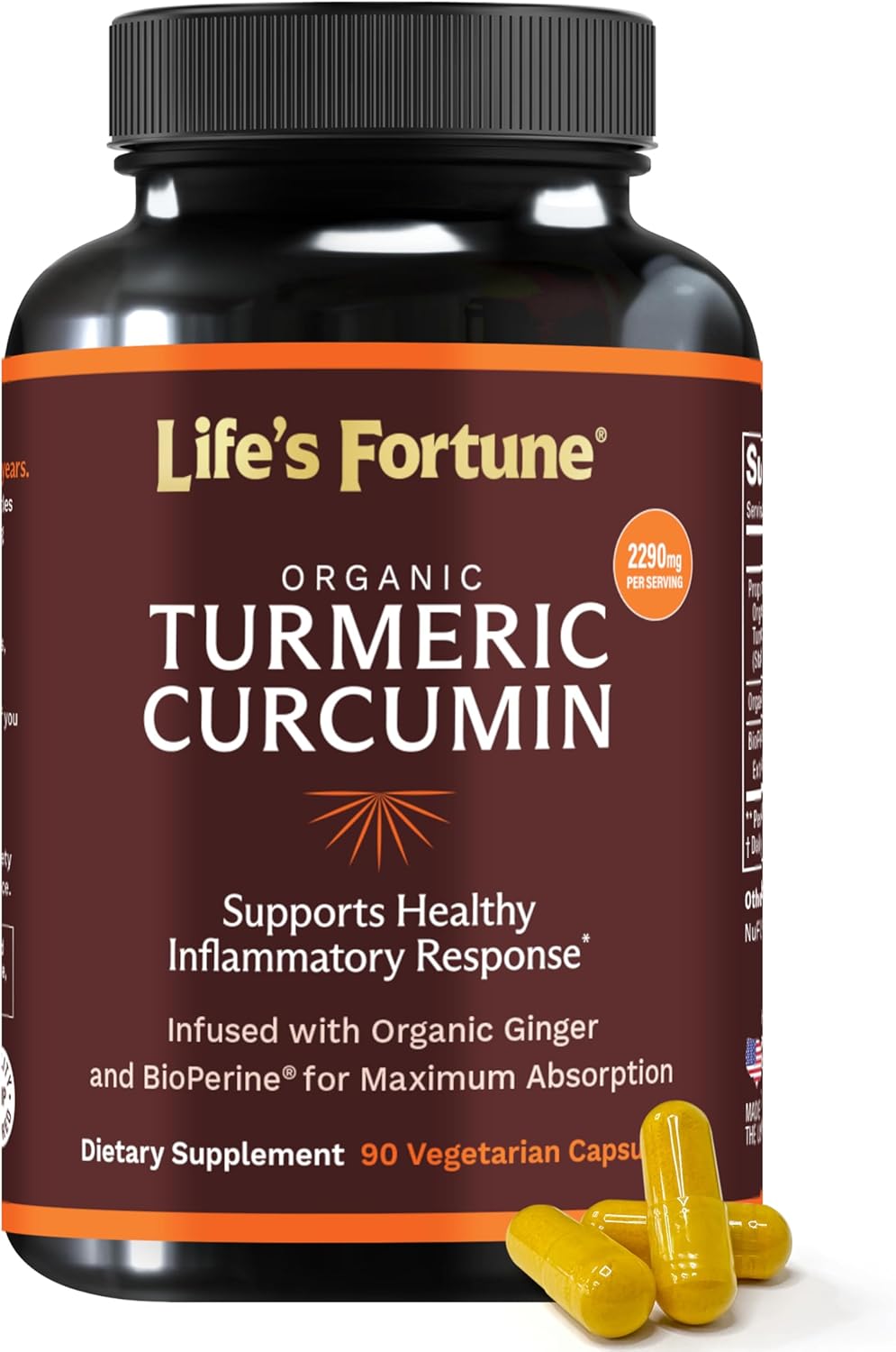 Life's Fortune Organic Turmeric Curcumin with Black Pepper and Ginger, Enhanced Absorption, Extra Strength Supplement, Joint & Immune Support, Non-GMO, 180 Cap - 2250mg