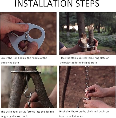 Miniatura 4 de Parrilla de trípode para fogata, trípode de campamento, portátil, de acero inoxidable, para colgar en macetas, juego de comedor al aire libre