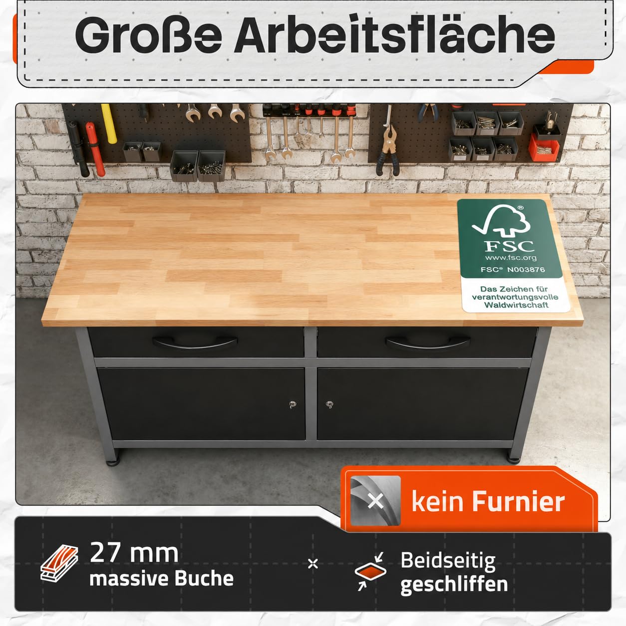 Ondis24 Werkbank Metall mit Schubladen, 2 Schubladen & 2 Türen, Werkstatt Metall 120 cm, Werktisch 120cm, Montagewerkbank, 28mm Buchenholzarbeitsplatte, Werkstatteinrichtung