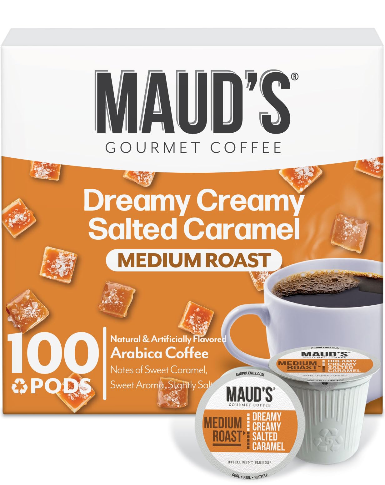 Maud's Salted Caramel Coffee Pods, 100 ct | Dreamy Creamy Caramel Flavor | 100% Arabica Medium Roast Coffee | Solar Energy Produced Recyclable Pods Compatible with Keurig K Cups Maker