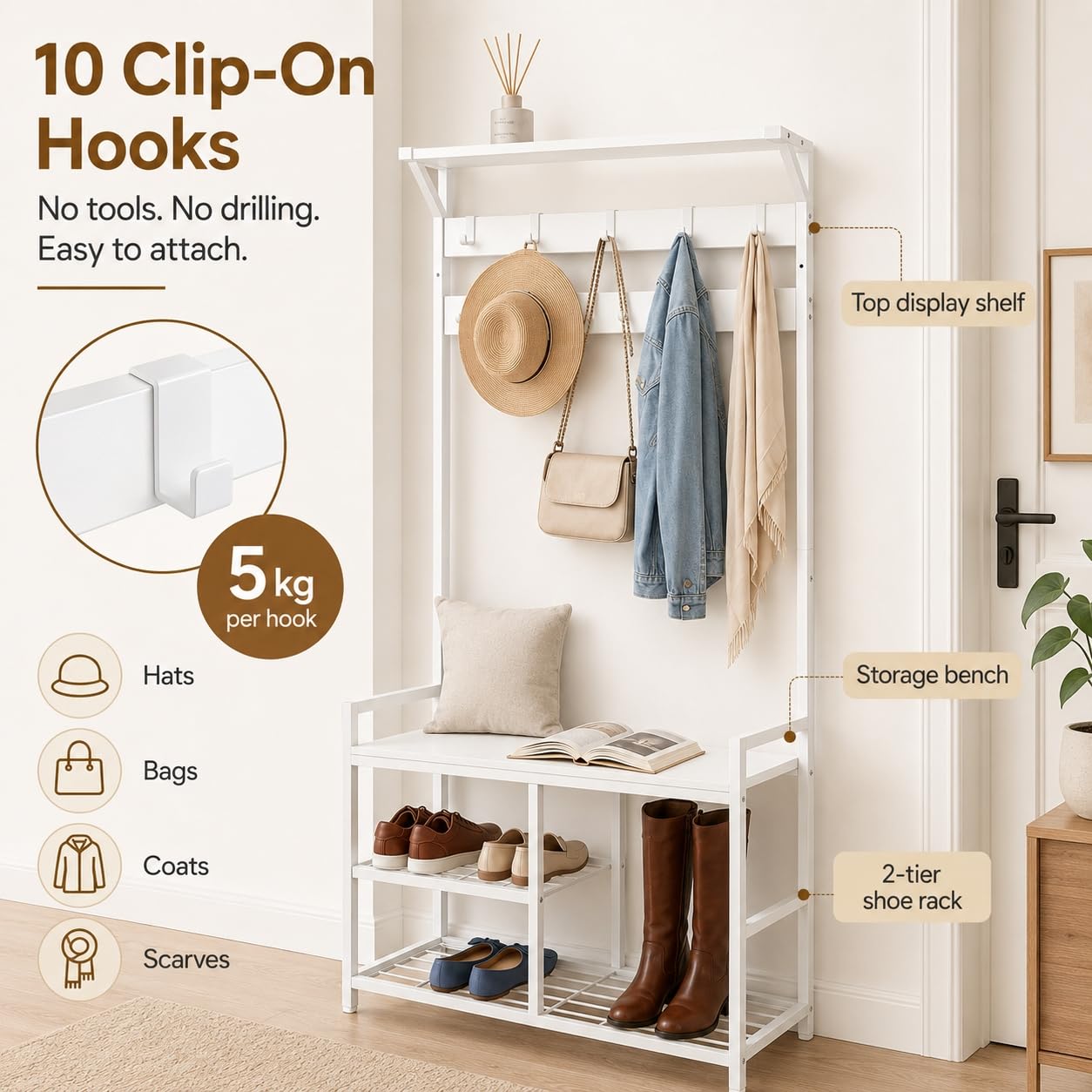 EGGREE Porte Manteau Entrée avec Rangement Chaussures, Meuble d’Entrée Blanc avec 10 Crochets Amovibles, Étagères et Kit Anti-Basculement, Portemanteau pour Couloir Chambre Dressing, 84 x 30 x 182 cm