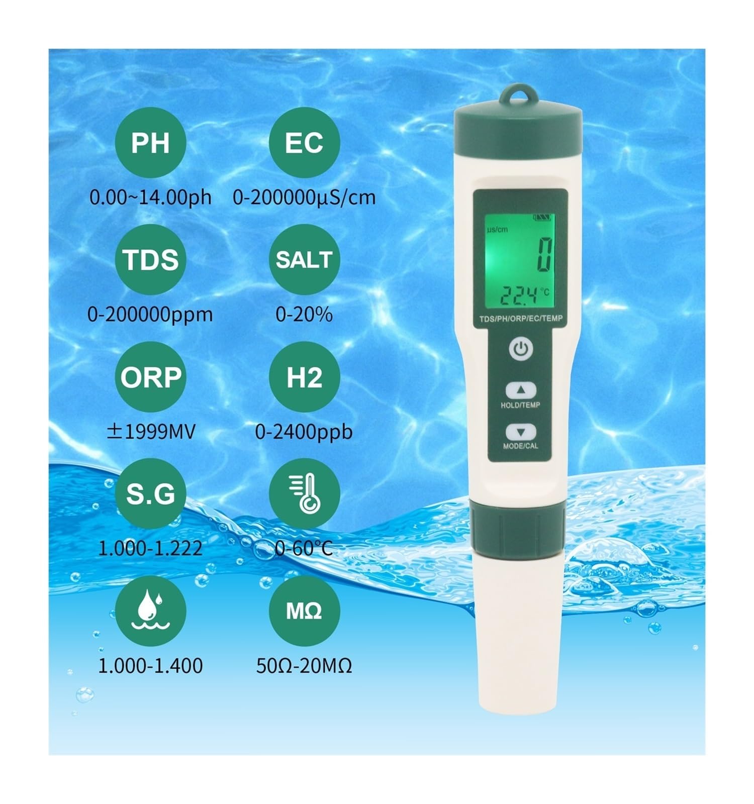 Zestaw do badania wody, 10 w 1 PH/TDS/EC/SALT/TEMP/SG/ORP/H2/Fertile/Resistivity Monitor ści wody Tester do basenów, pitnej, akwariów