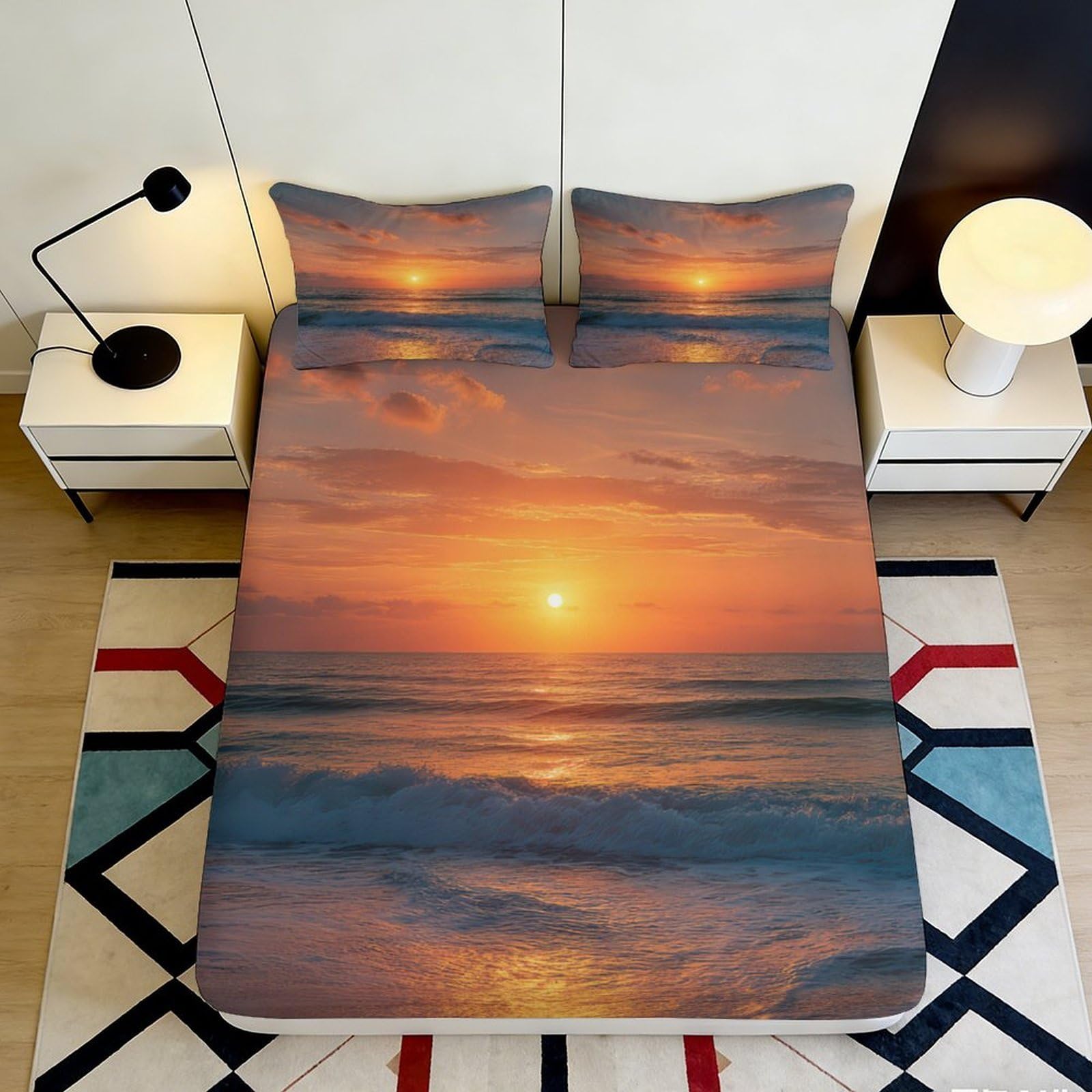 3D Printed Sunset Ocean Fitted Sheet Microfiber Soft Orange Waves Bed Cover for Bedroom Guest Room Decor 90x200x25cm