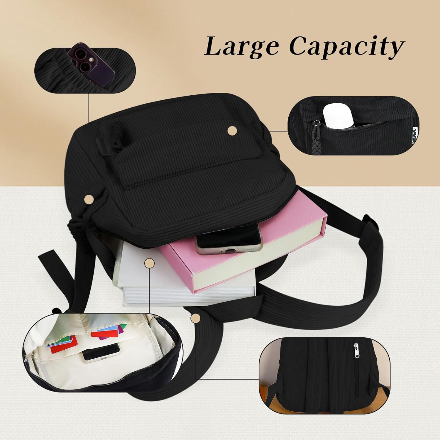Women’s Small Backpack, Ladies Lightweight Corduroy Backpack, Casual Multi Compartments Travel Daypack Purse (Black) - Image 4