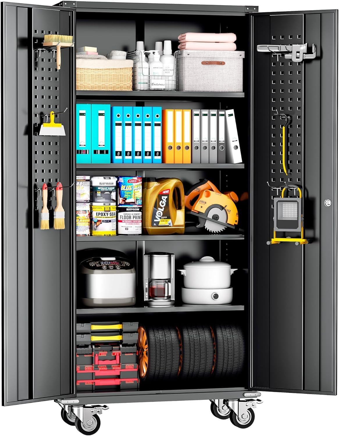 INTERGREAT Metal Storage Cabinet with Wheels, 75" Garage Storage Cabinets with Door and 4 Shelves, Tool Storage Locker on Caster for Home, Office, Black