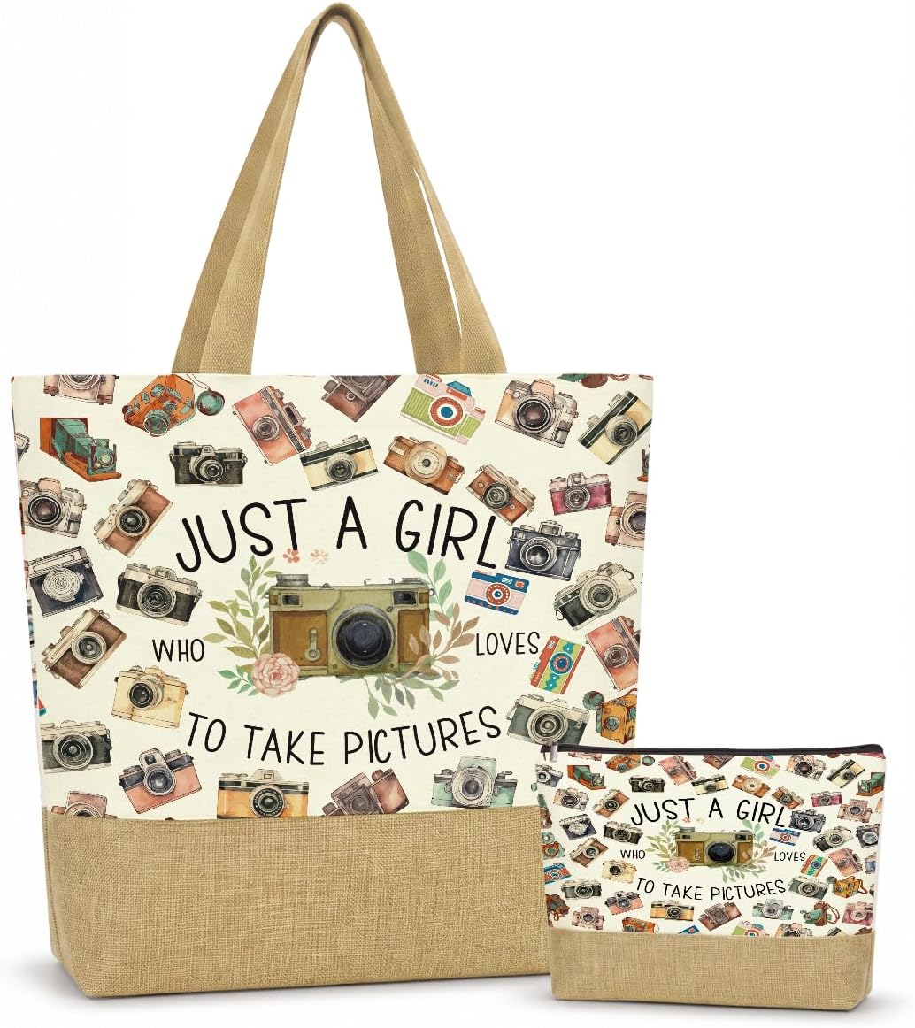 Photographer Gifts Jute Tote Bag and Makeup Bag for Women 2 Pcs
