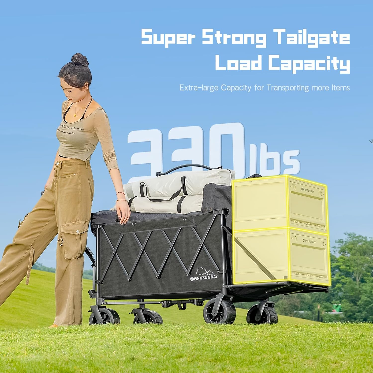 Whitsunday Collapsible Folding Wagon with Table,Heavy Duty Utility Beach Wagons with Opened Tailgate and All-Terrain Wheels for Camping,Garden,Sports Khaki