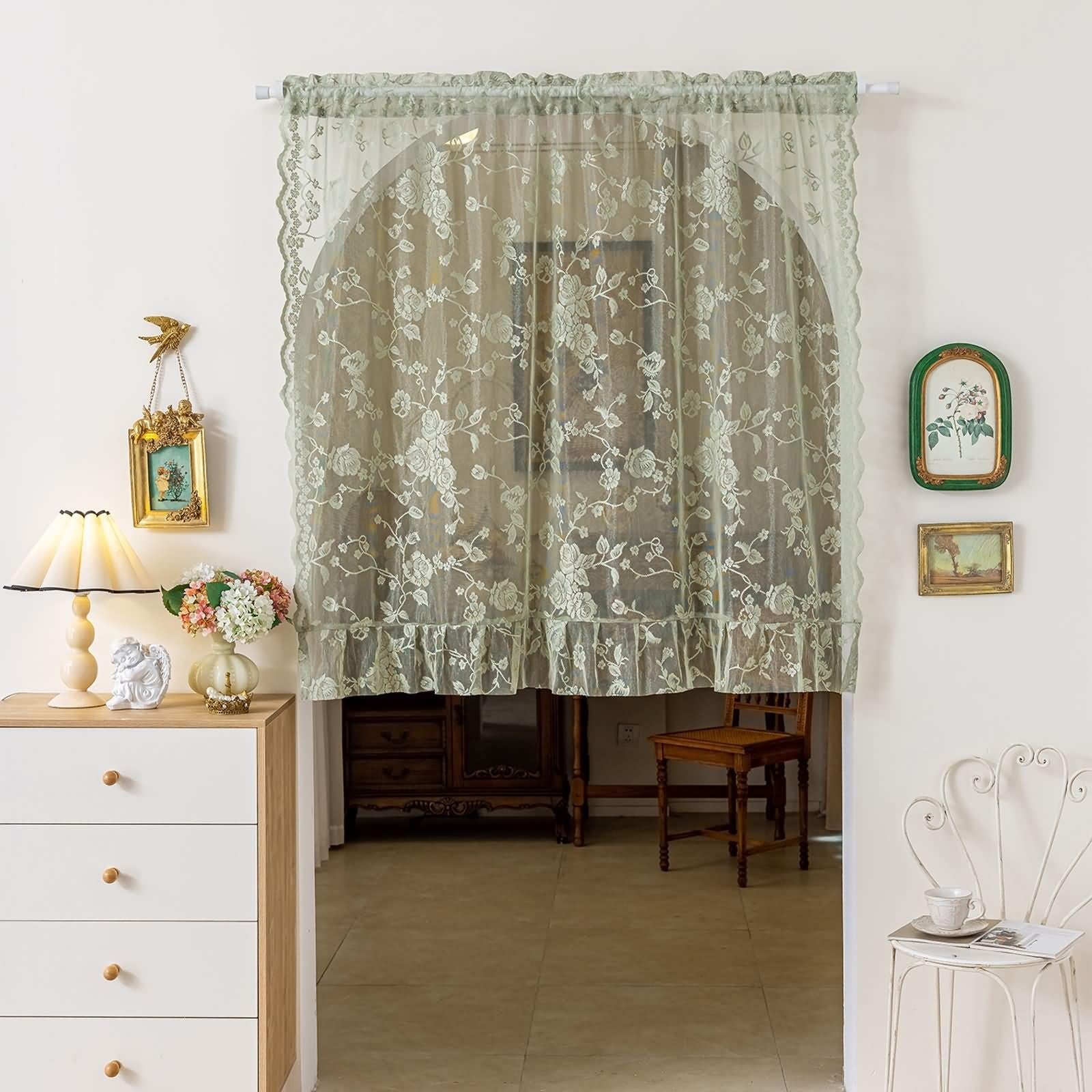 Visillo (2 unidades, jacquard, encaje, bordado, 140 x 200 cm), color verde