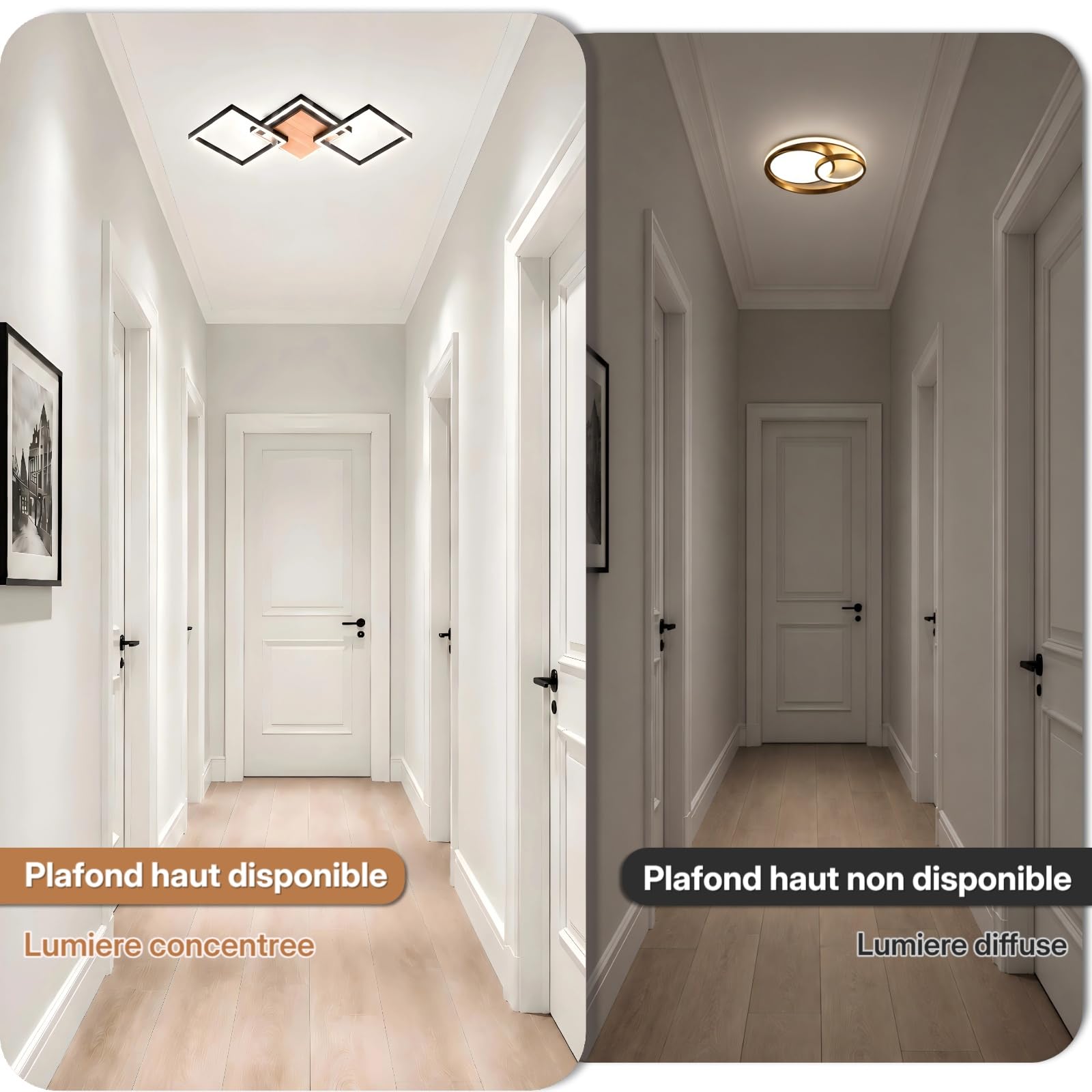 Plafonnier LED 62cm, 24W Moderne de Luminaires Intérieur, 4000K Blanc Naturel Luminaire Carré Pour Plafond, Design En Plastique Noir et Blanc et Finition Bois, Pour Cuisine, Chambre, Couloir