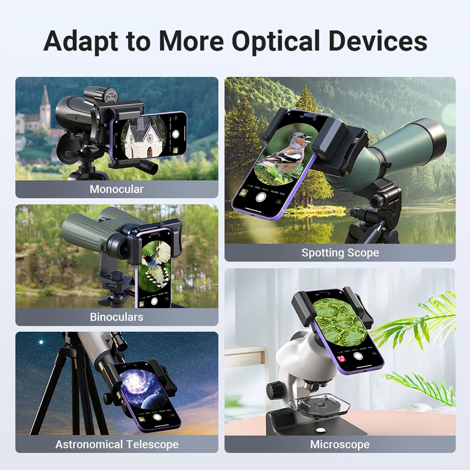 Four images showing the Karlak APL-F002X adapter connected to a monocular, spotting scope, binoculars, and an astronomical telescope, with a smartphone attached.