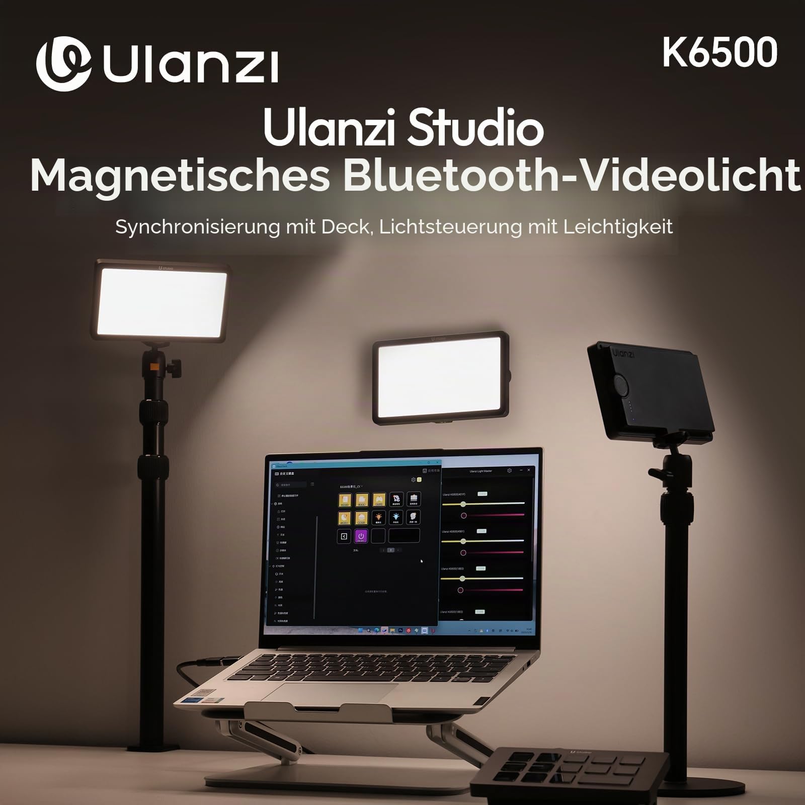 ULANZI K6500 Key Light LED Videoleuchte mit Tischständer, 8000mAh Akku Professionelles Studio LED Panel 1000 Lumen, Magnetisch Bluetooth Video Licht Dimmbare 2900K-6500K, für YouTube/Live Streaming