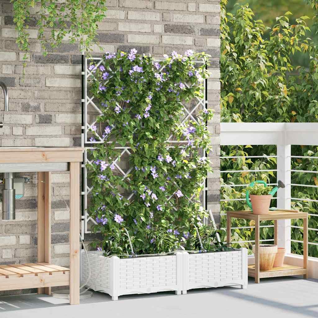 Juego de 2 maceteros de riego de plástico blanco, 80 x 40 x 126 cm | Prácticas jardineras para balcón y terraza con almacenamiento de agua integrado para plantas vitales.