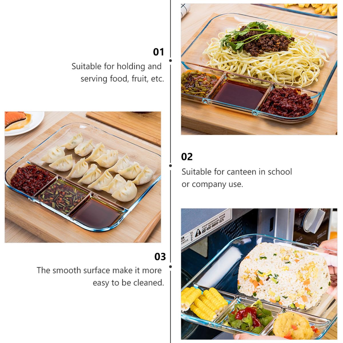 Toyvian 1pc Plateau-repas Compartimenté en Verre Trempé Carré Résistant la Chaleur, Assiette de Collation Solide pour Usage Domestique