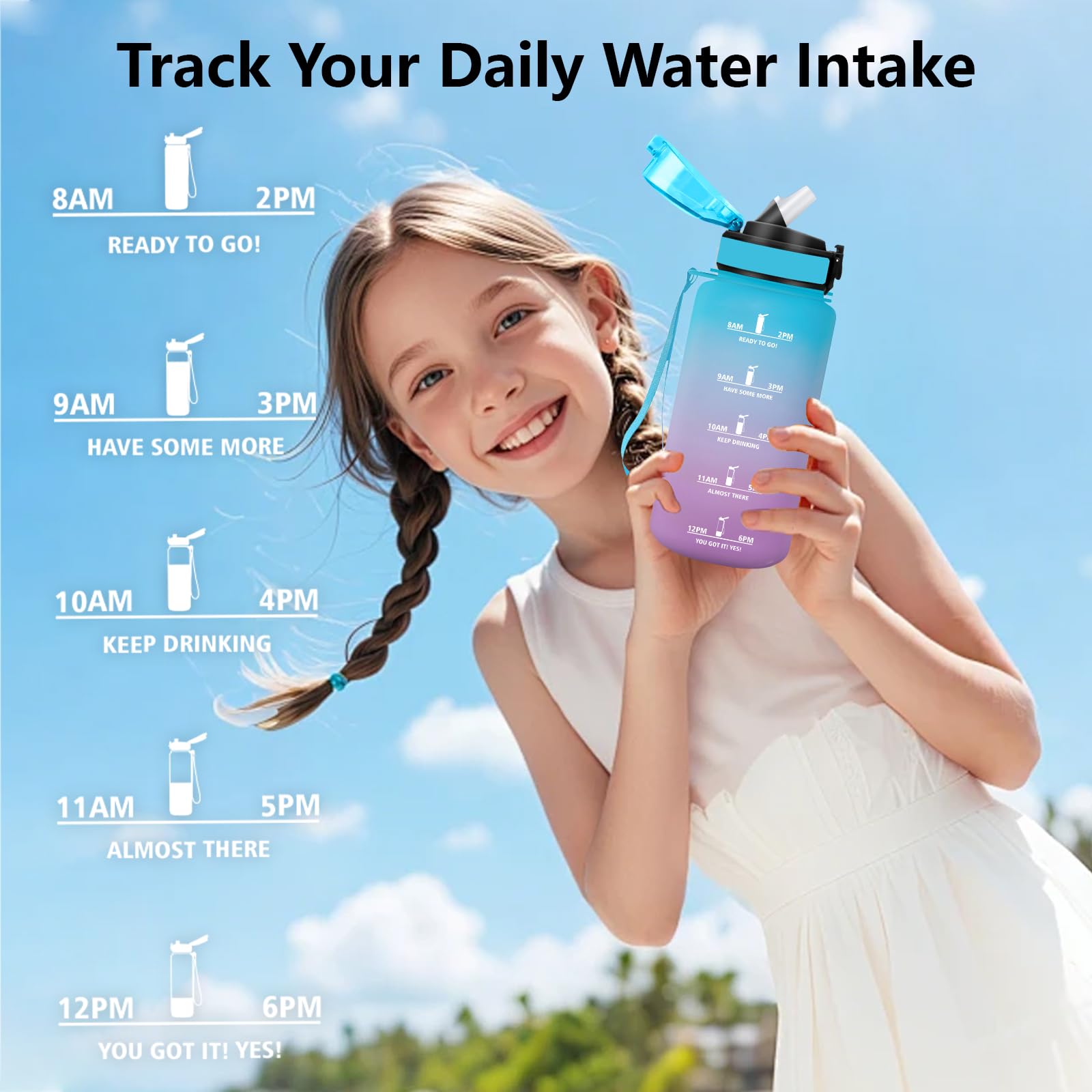 Mujigaga Botella Agua Niños, Portátil Botella Agua 500ml, A Prueba de Fugas Cantimplora con Pajita, Diseño de Cerradura, con Marcador de Tiempo, Cantimplora para Cámping, Exterior, Viaje — view 6