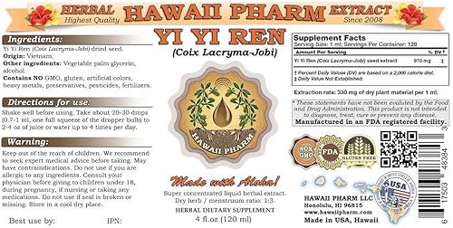 Miniatura 2 de Hawaii Pharm LLC Yi Yi Ren, Tintura Coix (Coix Lacryma-Jobi), extracto líquido de semillas secas, Yi Yi Ren, suplemento herbario de glicerita 4 onzas