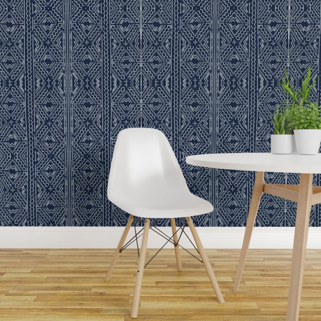 Removable Wallpaper Swatch - African Mud Cloth Mudcloth Tribal White Blue Indigo Navy Custom Pre-Pasted Wallpaper by Spoonflower