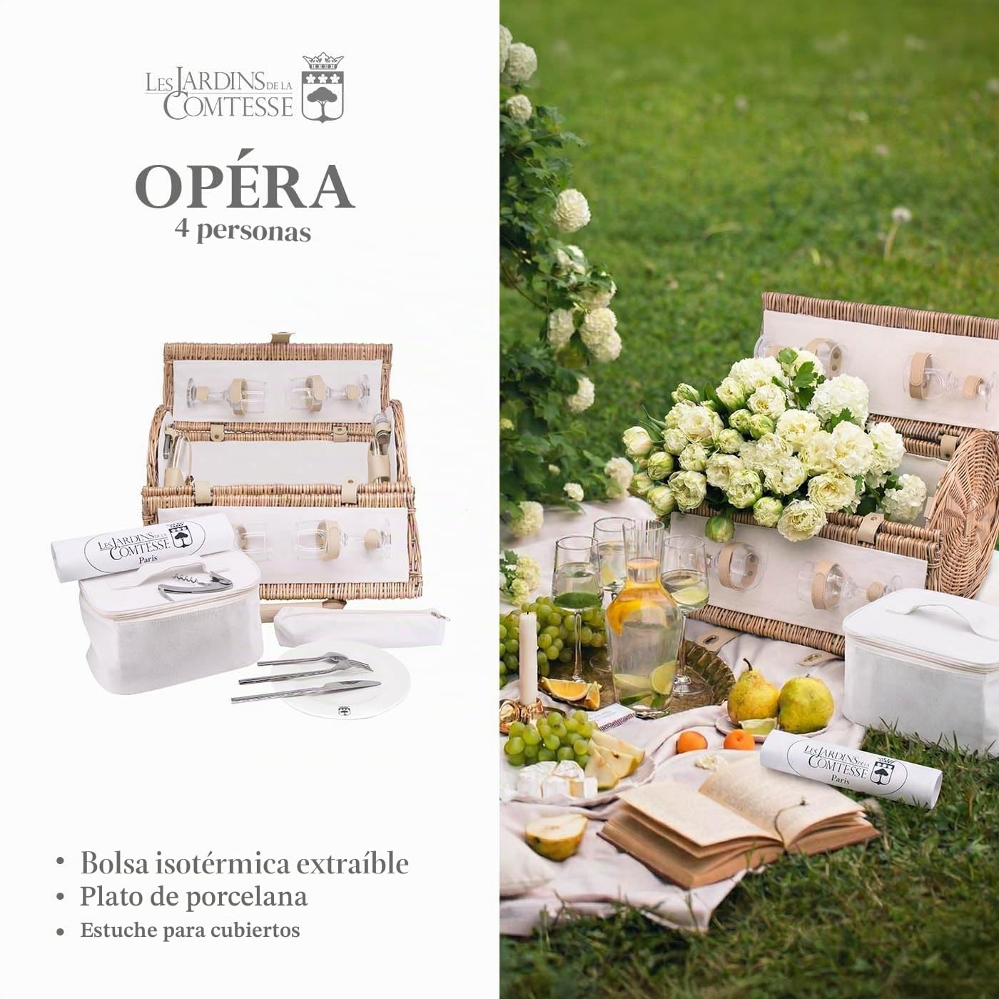 Les Jardins de la Comtesse - Cesta de Picnic Opera en Mimbre - Completa/4 Personas - Compartimiento Isotérmico Extraíble - Platos de Cerámica/Copas de Vino en Cristal - Tejido Beige - 47 x 30 x 30 cm