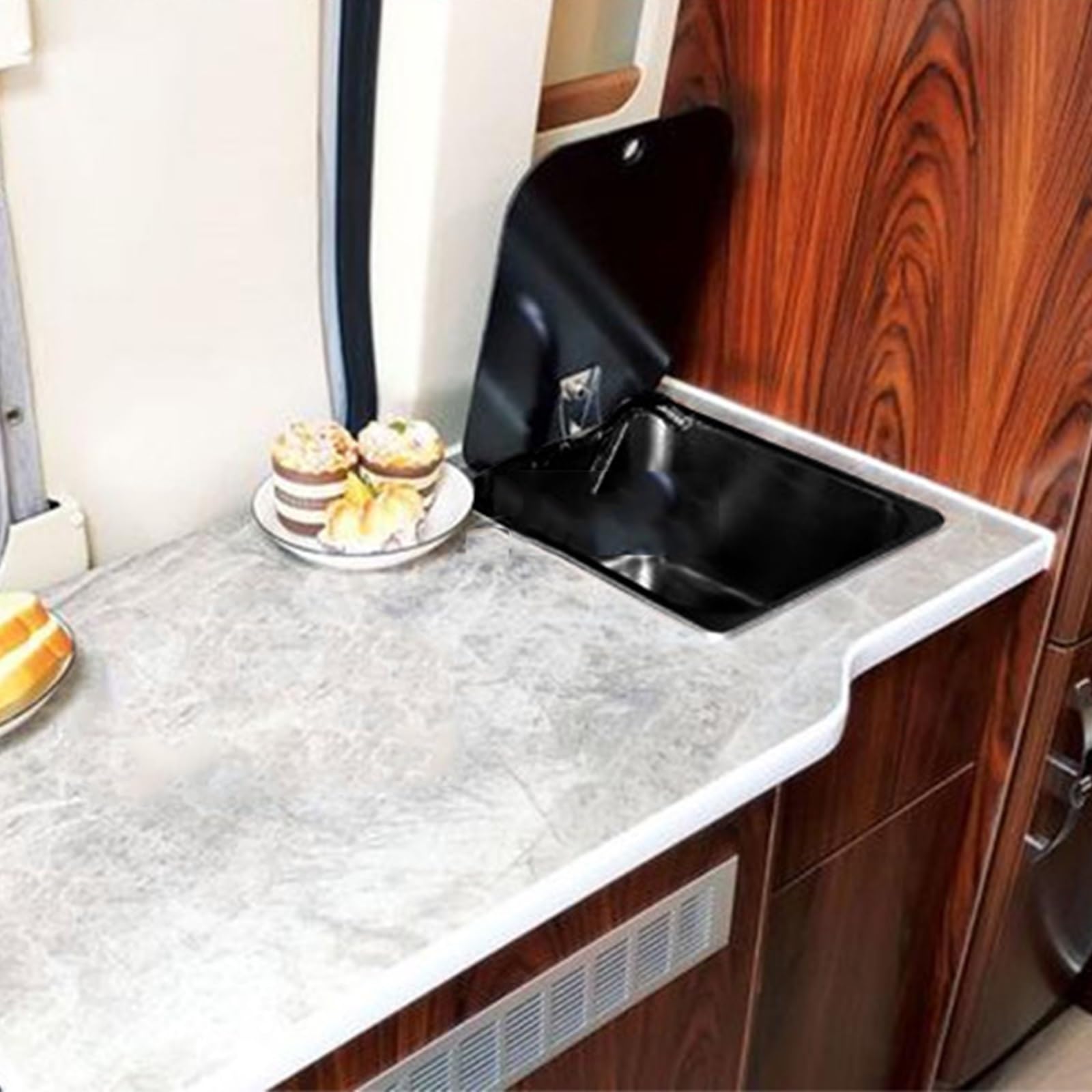 Fregadero Camper, Fregadero Cocina Exterior con Grifo Plegable y Tapa de Cristal, Incluye Desagüe, de Acero Inoxidable, Apto para Caravanas
