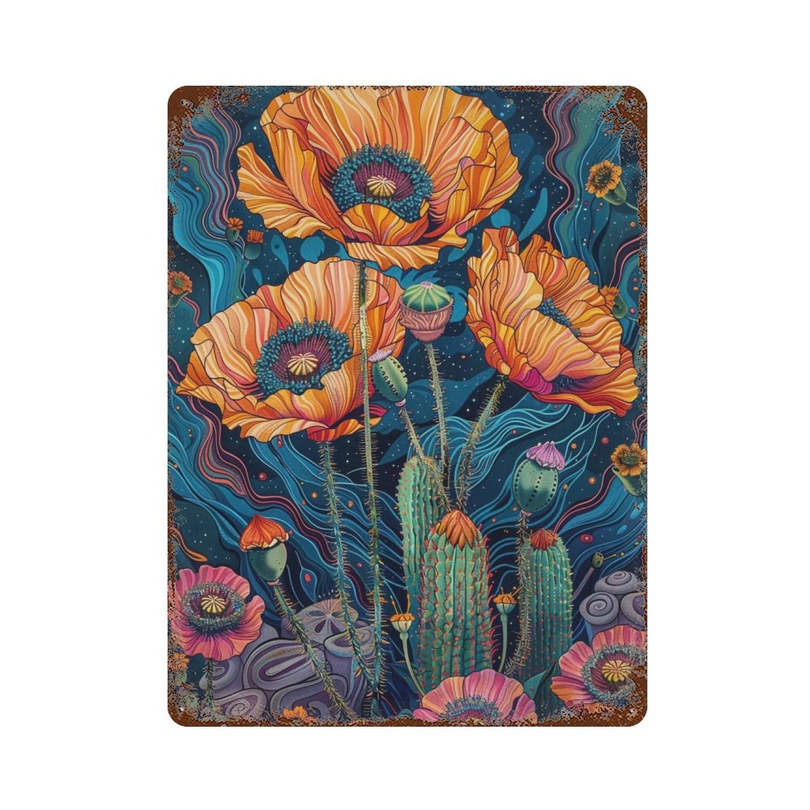Psychedelic Desert Bloom Rust Effect Tin Sign 15.7"x11.8", Retro Wall Decor for Patio, Garden Room And Bar Decor