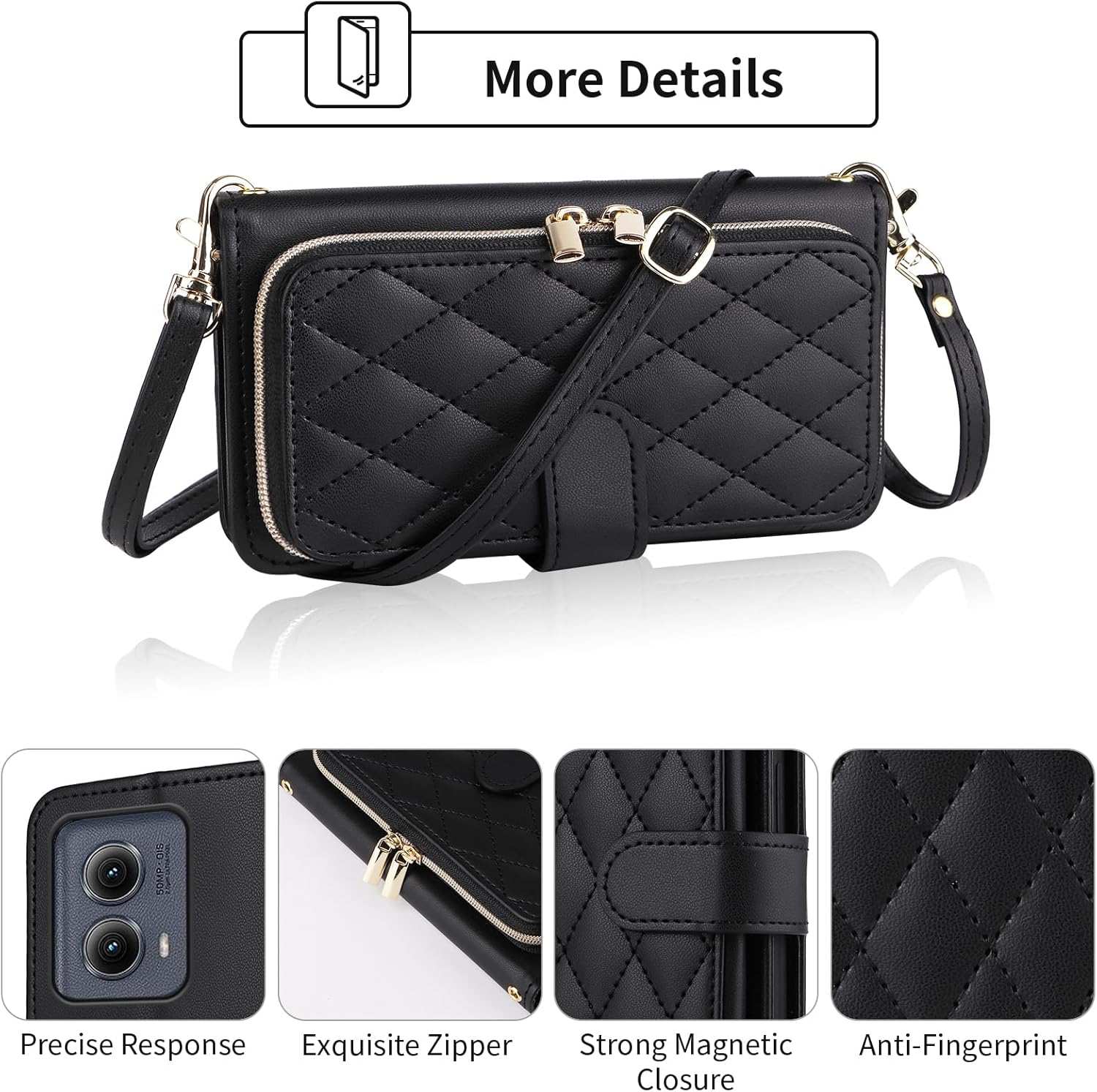 Argyle Wallet Case for Motorola Edge 5G 2024 with Wrist Strap Shoulder Strap, 9+ Card Slots Zipper Purse Luxury PU Leather Stand Checkered Cell Phone Cover for Moto Edge2024 Women Girls Black