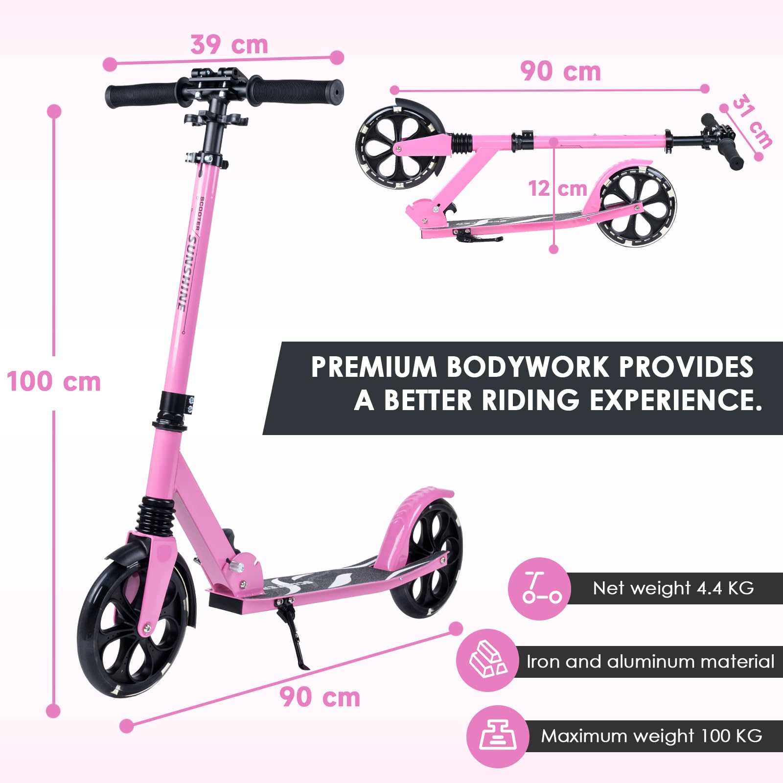Dskeuzeew Trottinette Pliable Réglable avec Lumière LED, Convient aux Enfants et aux Adultes, Roues de 205 mm en Polyuréthane, Frein Arrière Antidérapant, Peut Supporter 100 kg