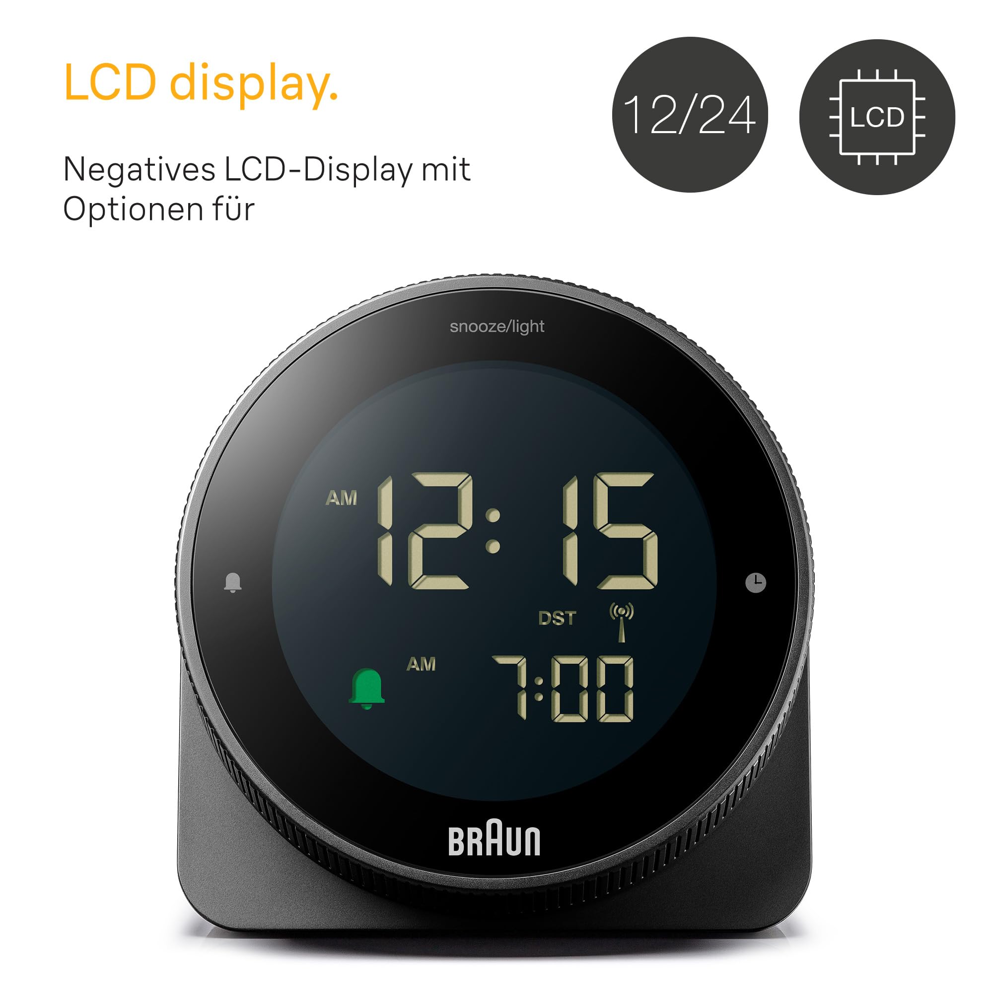 Braun digitaler Funkwecker für die mitteleuropäische Zeitzone (DCF) mit Schlummerfunktion, umgekehrtem LCD-Display, drehbarer Lünette für schnelle Zeiteinstellung, Schwarz, BC24B-DCF