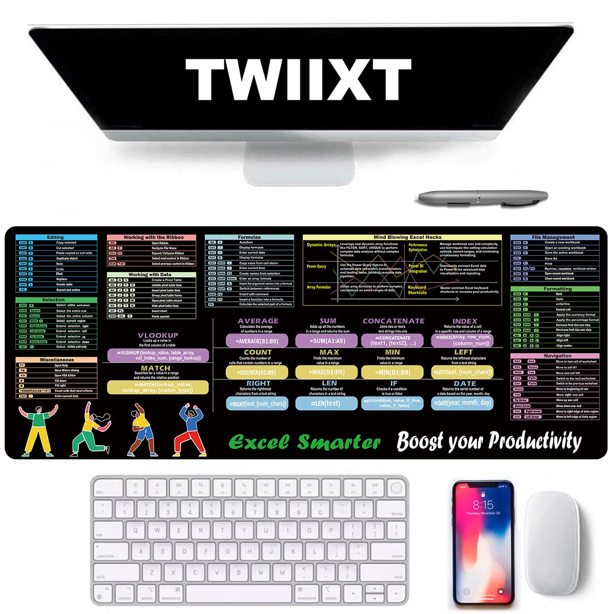 Excel - Alfombrilla de escritorio XL para teclado de oficina, alfombrilla de mouse con bordes cosidos antideslizantes, alfombrilla de escritorio grande extendida para juegos, regalo ideal de