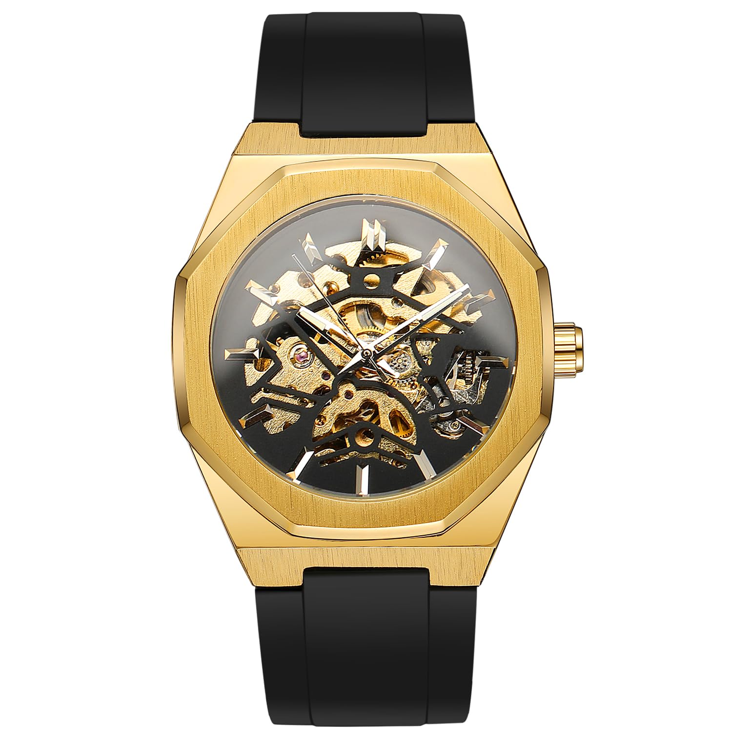Reloj mecánico automático esqueleto para hombre con manecillas luminosas, correa de silicona negra, caja octogonal