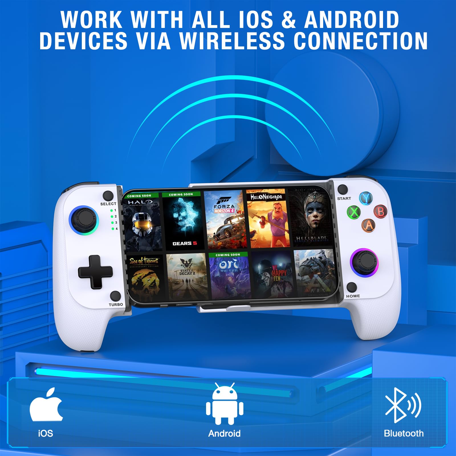 Elegamefy Controller cellulare per iPhone/Android, smartphone controller con joystick aggiornato senza zone morte, luce Coloful