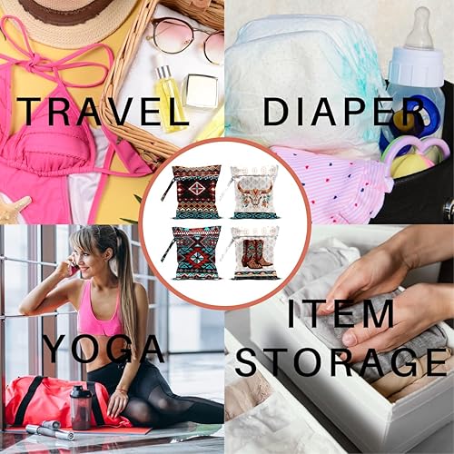 Miniatura 6 de Paquete de 4 bolsas húmedas Southwestern Boho Azteca, impermeables, lavables, reutilizables, para traje de baño, ropa, pañales, viajes, playa,