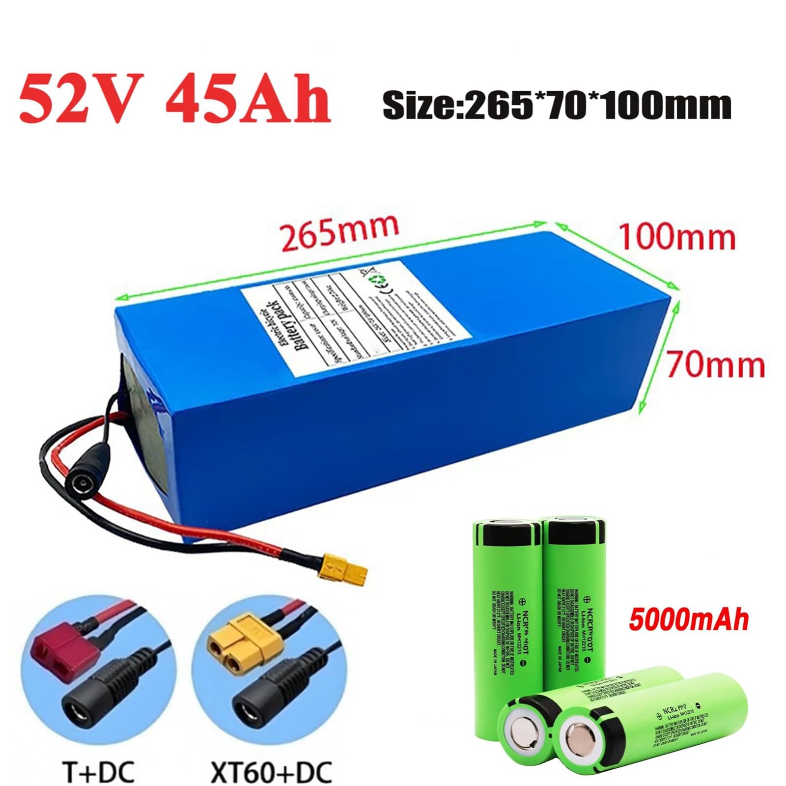 Batterie 52 V 45 Ah Pour Vélo Électrique, Batterie Pour Scooter Électrique, Batterie Lithium Étanche Avec Chargeur, Batterie Lithium-Ion Pour Vélo Électrique Avec BMS Intégré 52V 45Ah,XT60