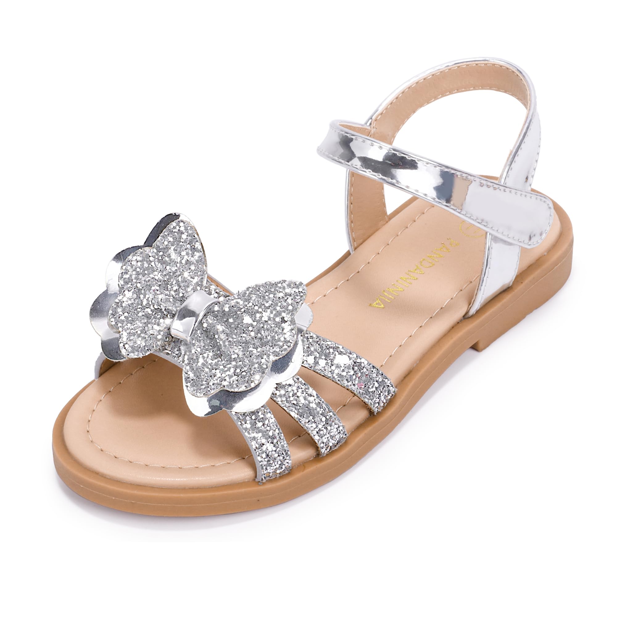 PANDANINJIA Girls Sandals, Open Toe Cute Bow Princess Girls Flats, Sparkly Summer Dress Shoes Sandals for Toddler/Little Kid/Big Kid