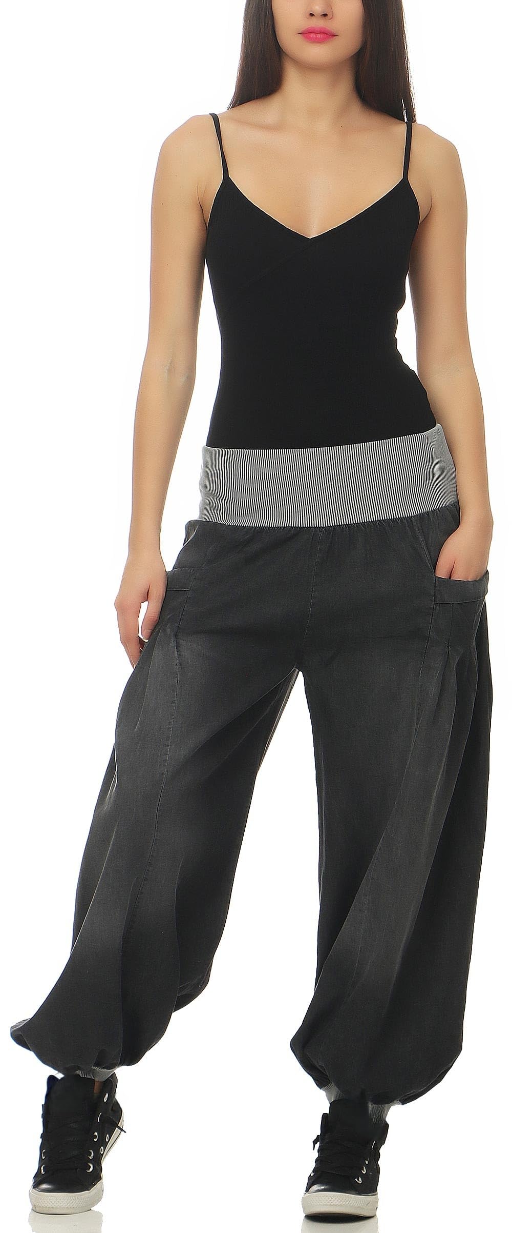 Malito – Damen Haremshose im Denim Style – Unisize Pumphose aus 100% Baumwolle – perfekte Jeans zum Tanzen & Chillen – Bequeme Pluderhose mit Taschen – Aladinhose für Frauen 6258 (34-40)