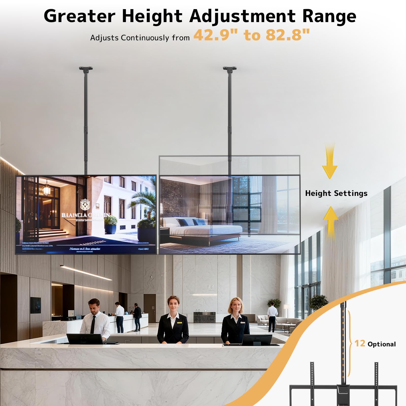 Supporto da soffitto per TV Putilsen per TV da 50-100 pollici piatte e curve fino a 80 kg, staffa TV a rotazione completa 360° con altezza regolabile, inclinazione e rotazione, VESA max 800x600mm