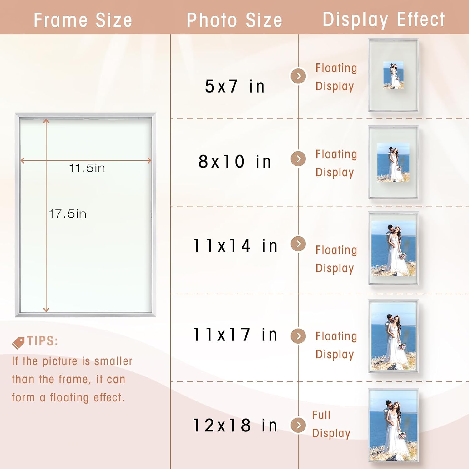 Golden State Art, 12X18 Floating Frame, Silver Aluminum Picture Frame, Clear Glass Displays Any Size Photo Up To 12 By 18, Home Gallery Wall Decoration, Display Horizontal and Vertical